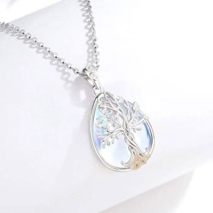 Exquisite 925 Sterling Silver Blooming Tree of Life Moonstone Pendant Necklace