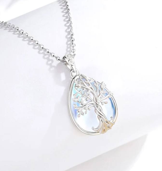 Exquisite 925 Sterling Silver Blooming Tree of Life Moonstone Pendant Necklace