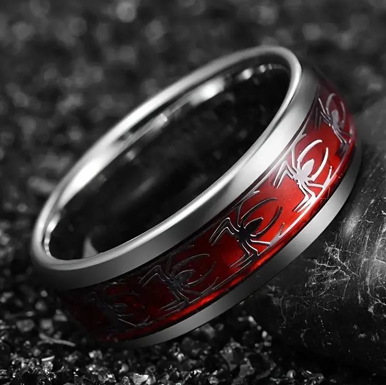 Men's Stainless Steel 8mm Creative Red Inlay Spider Motif Ring - Image 2