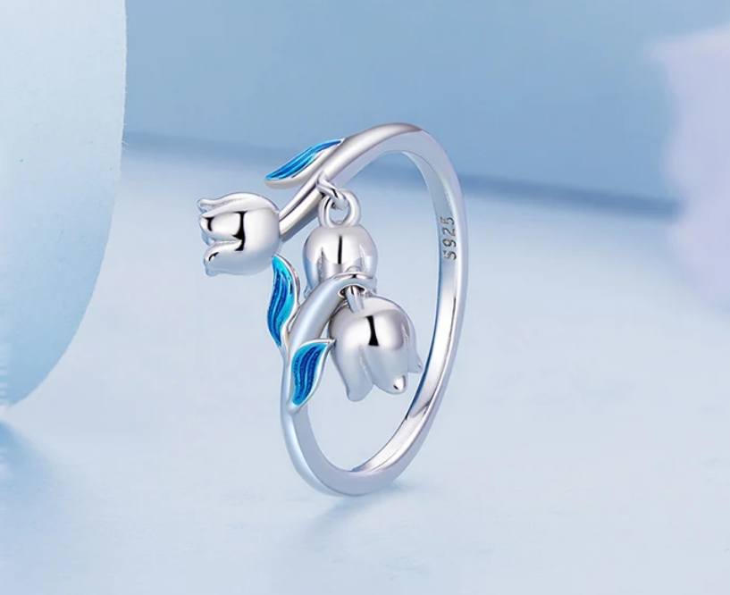 Platinum 925 Sterling Silver Gradient Lily Flower Adjustable Ring