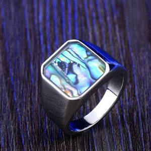 Men’s Quality Stainless Steel Natural Abalone Shell Polished Signet Ring