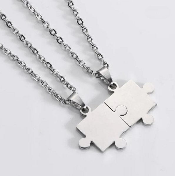 Stainless Steel 2PC Best Friends Creative Jigsaw Puzzle Pendant Choker - 17"
