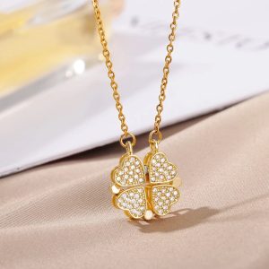 Exquisite Stainless Steel Magnetic Four Leaf-Clover Heart Charm Pendant Choker