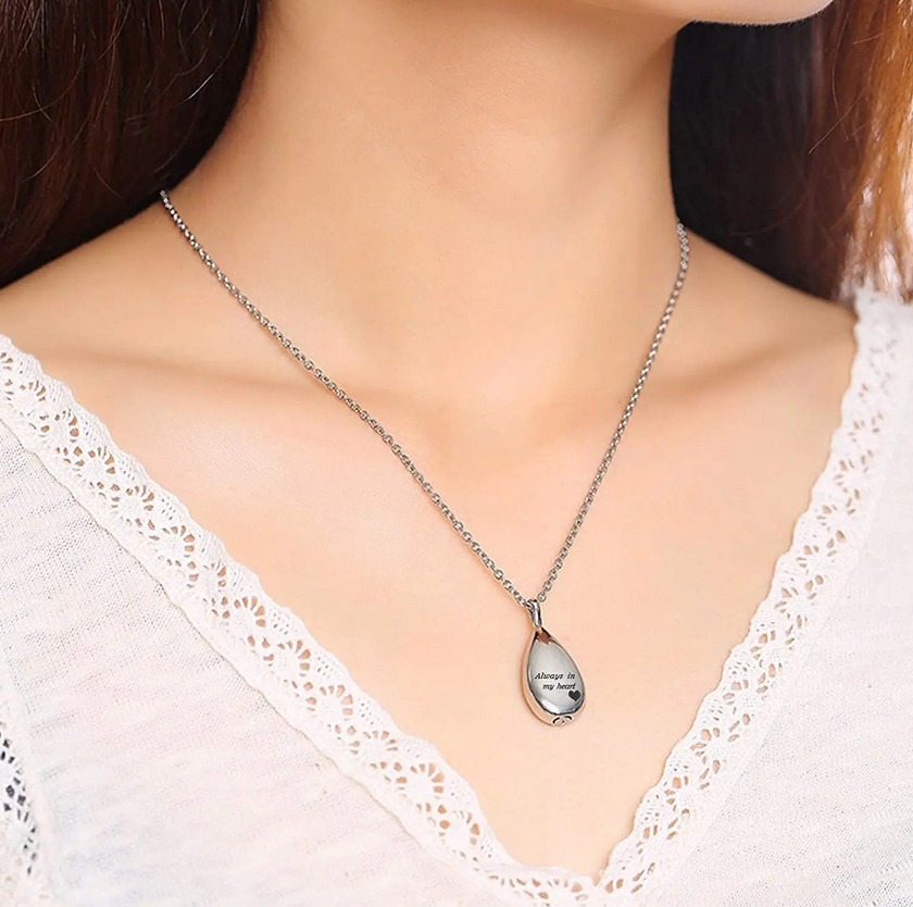 Elegant Stainless Steel "Always in my Heart" Teardrop Cremation Keepsake Pendant - Image 3