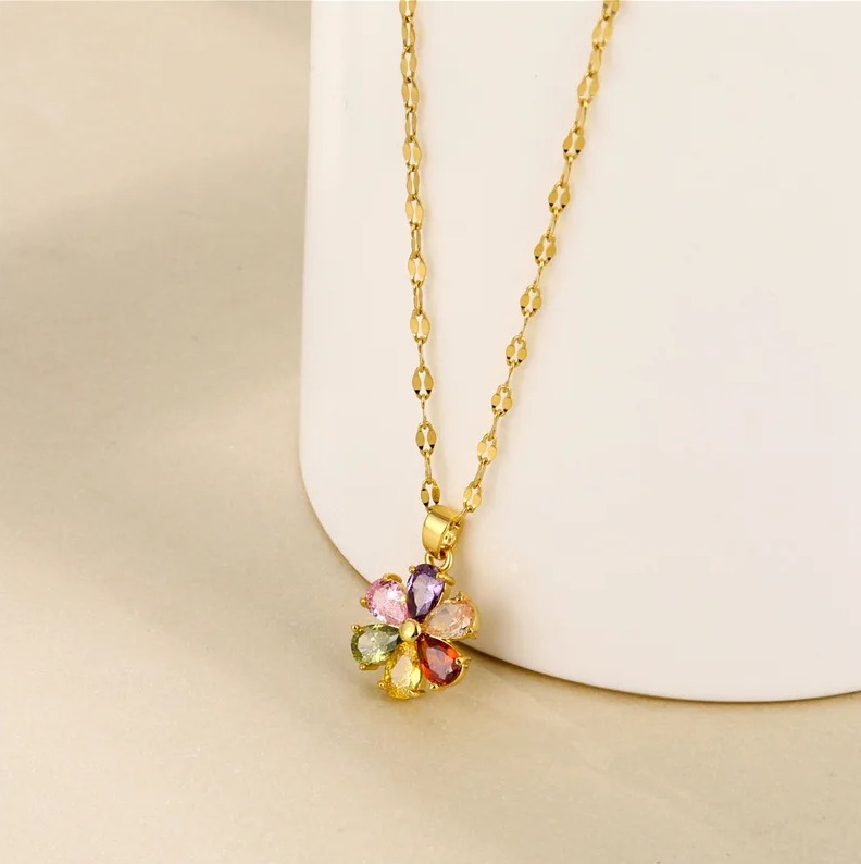 Exquisite Stainless Steel Colorful Zirconia Crystal Flower Pendant Necklace - Image 3