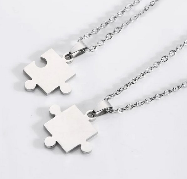 Stainless Steel 2PC Best Friends Creative Jigsaw Puzzle Pendant Choker - 17" - Image 2