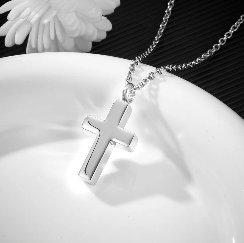 Stainless Steel Cremation Keepsake Elegant Cross Pendant Necklace
