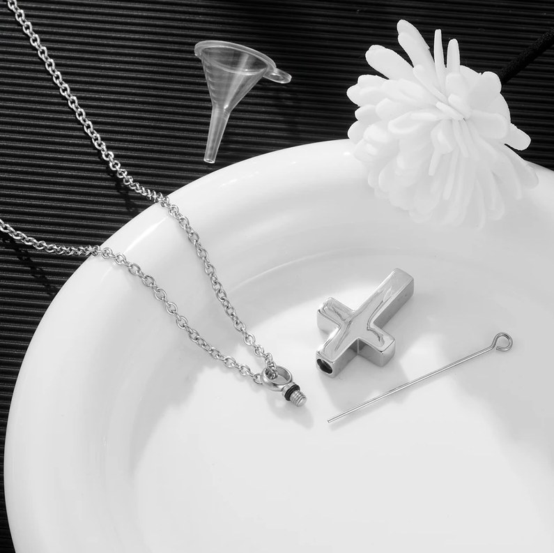 Stainless Steel Cremation Keepsake Elegant Cross Pendant Necklace - Image 2