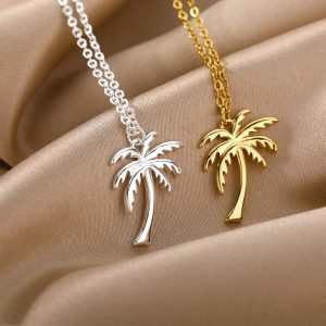 Stainless Steel Cool Ocean Breeze Coconut Palm Tree Pendant Necklace