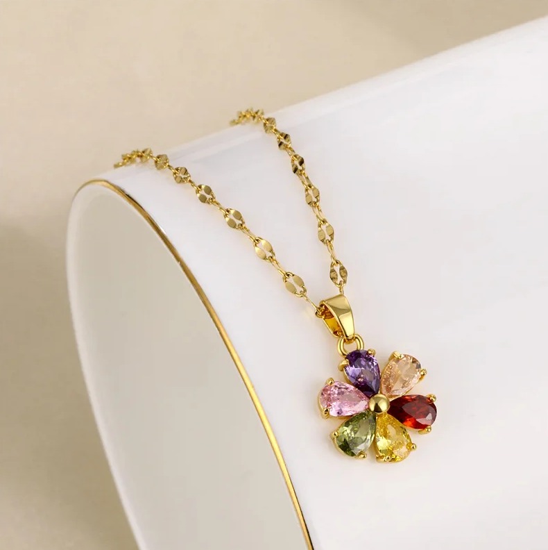 Exquisite Stainless Steel Colorful Zirconia Crystal Flower Pendant Necklace - Image 2