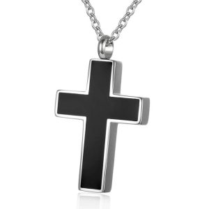 Stainless Steel Cremation Keepsake Black & Silver Cross Pendant Necklace