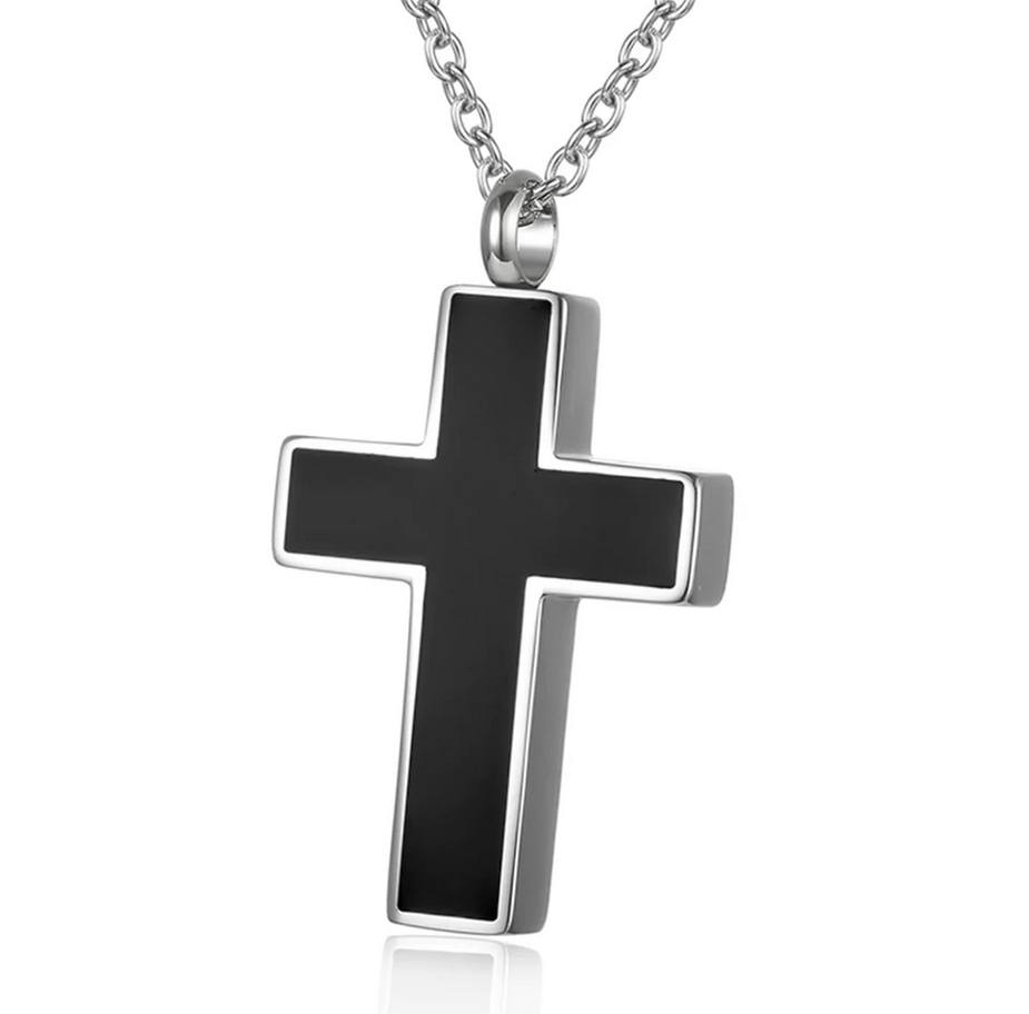 Stainless Steel Cremation Keepsake Black & Silver Cross Pendant Necklace