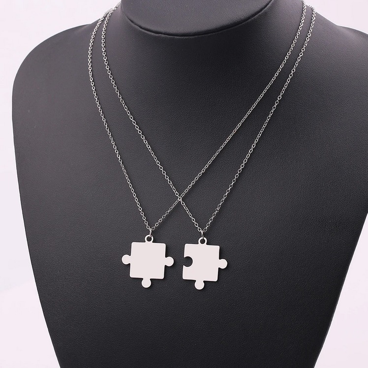 Stainless Steel 2PC Best Friends Creative Jigsaw Puzzle Pendant Choker - 17" - Image 3