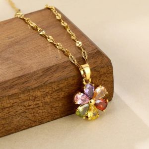 Exquisite Stainless Steel Colorful Zirconia Crystal Flower Pendant Necklace