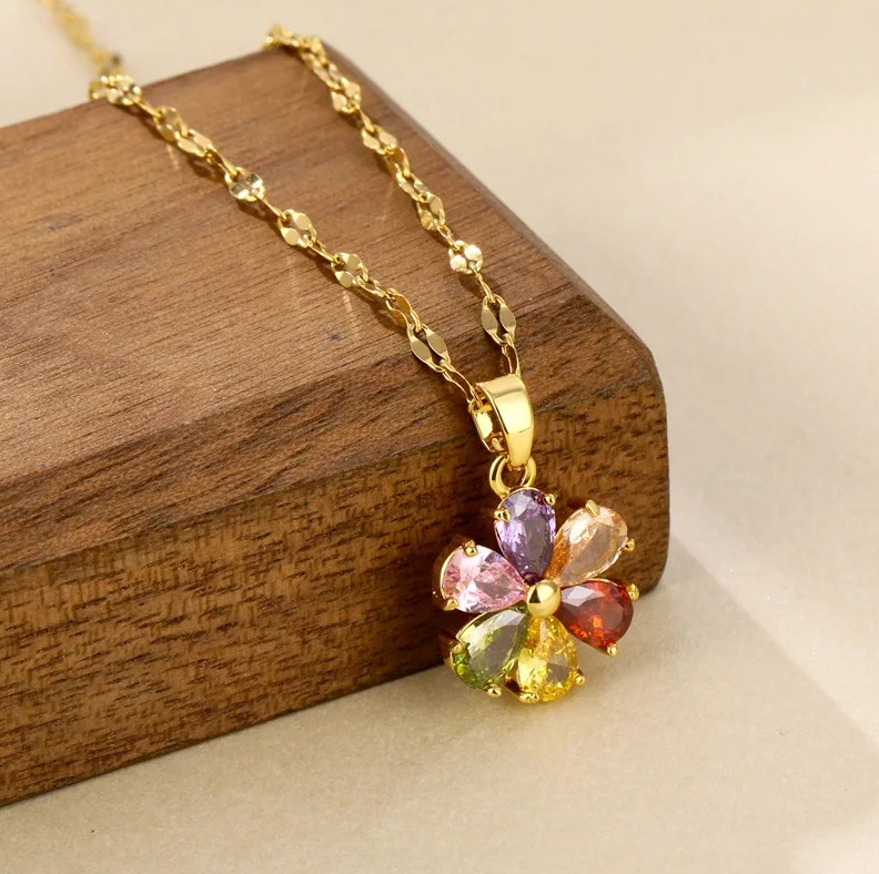 Exquisite Stainless Steel Colorful Zirconia Crystal Flower Pendant Necklace