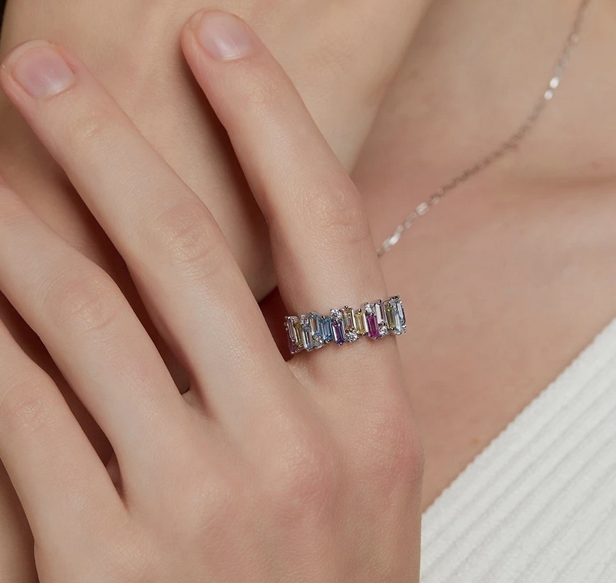 Platinum 925 Sterling Silver Rainbow Zircon Emerald Cut Ring - Image 4