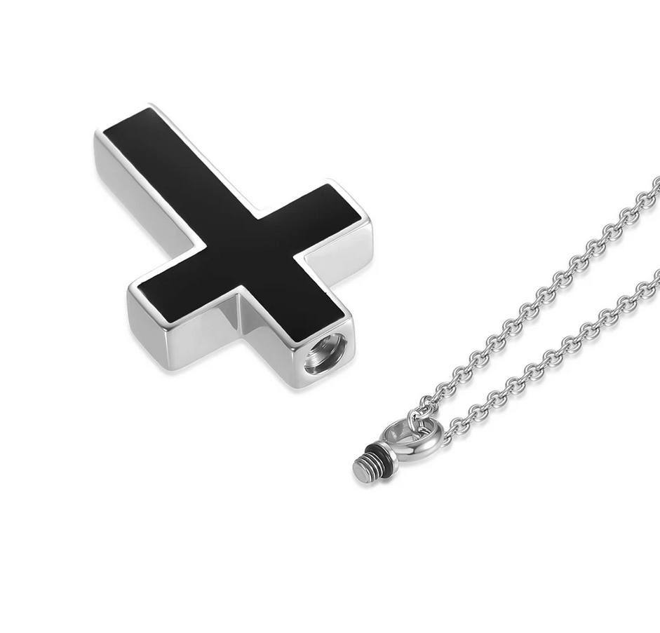 Stainless Steel Cremation Keepsake Black & Silver Cross Pendant Necklace - Image 2