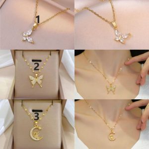 Exquisite Stainless Steel Dazzling Zircon Butterfly/Moon Bunny Pendant Necklace