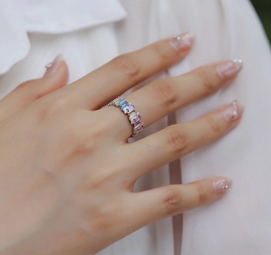 Platinum 925 Sterling Silver Rainbow Zircon Emerald Cut Ring - Image 2