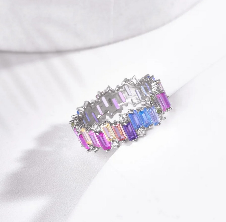 Platinum 925 Sterling Silver Rainbow Zircon Emerald Cut Ring - Image 3