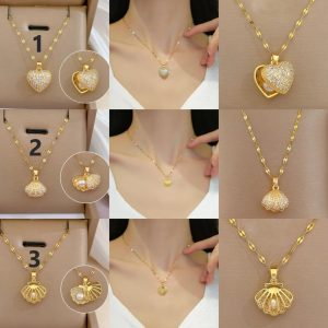 Exquisite Stainless Steel Micro-Inlaid Zircon Heart/Clam Pearl Pendant Necklace