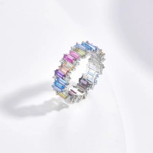 Platinum 925 Sterling Silver Rainbow Zircon Emerald Cut Ring