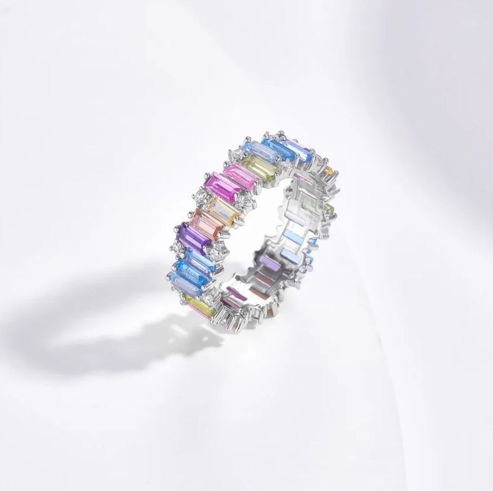 Platinum 925 Sterling Silver Rainbow Zircon Emerald Cut Ring