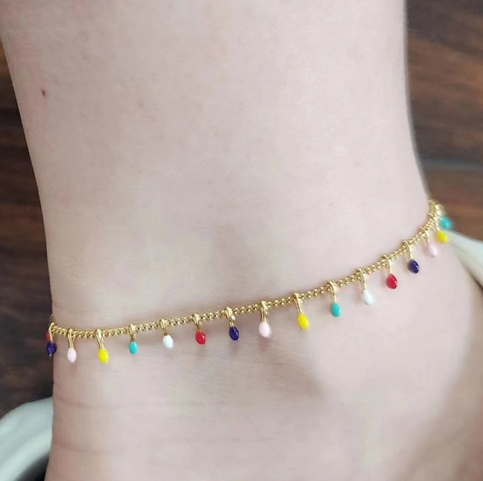 Stainless Steel Colorful Enamel Waterdrop Charm Bracelet/Anklet Chain - Image 4