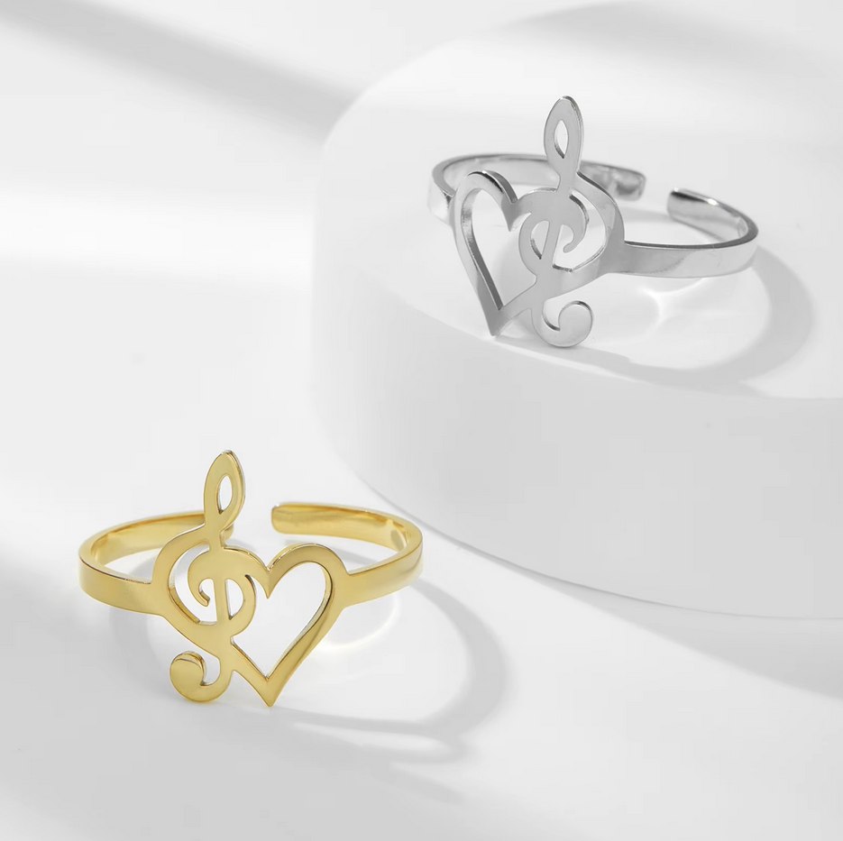 Elegant Stainless Steel Lovers Music Note Heart Adjustable Ring (Size 8-9.5)