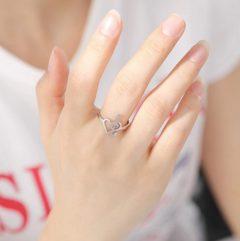 Elegant Stainless Steel Lovers Music Note Heart Adjustable Ring (Size 8-9.5) - Image 3