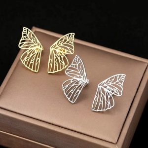 Elegant Stainless Steel Hollow Butterfly Wings Symmetrical Stud Earrings