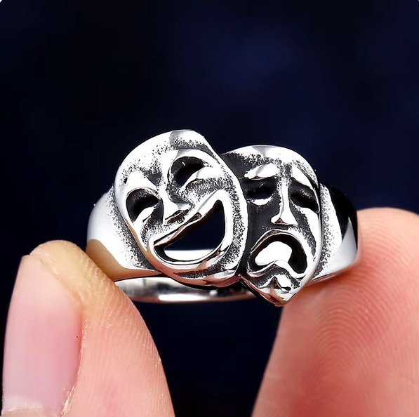 Retro 316L Polished Stainlesss Steel Smile & Cry Personality Ring - Image 3