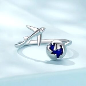 Platinum 925 Sterling Silver Blue Earth Around the Globe Adjustable Ring (6-8.5)